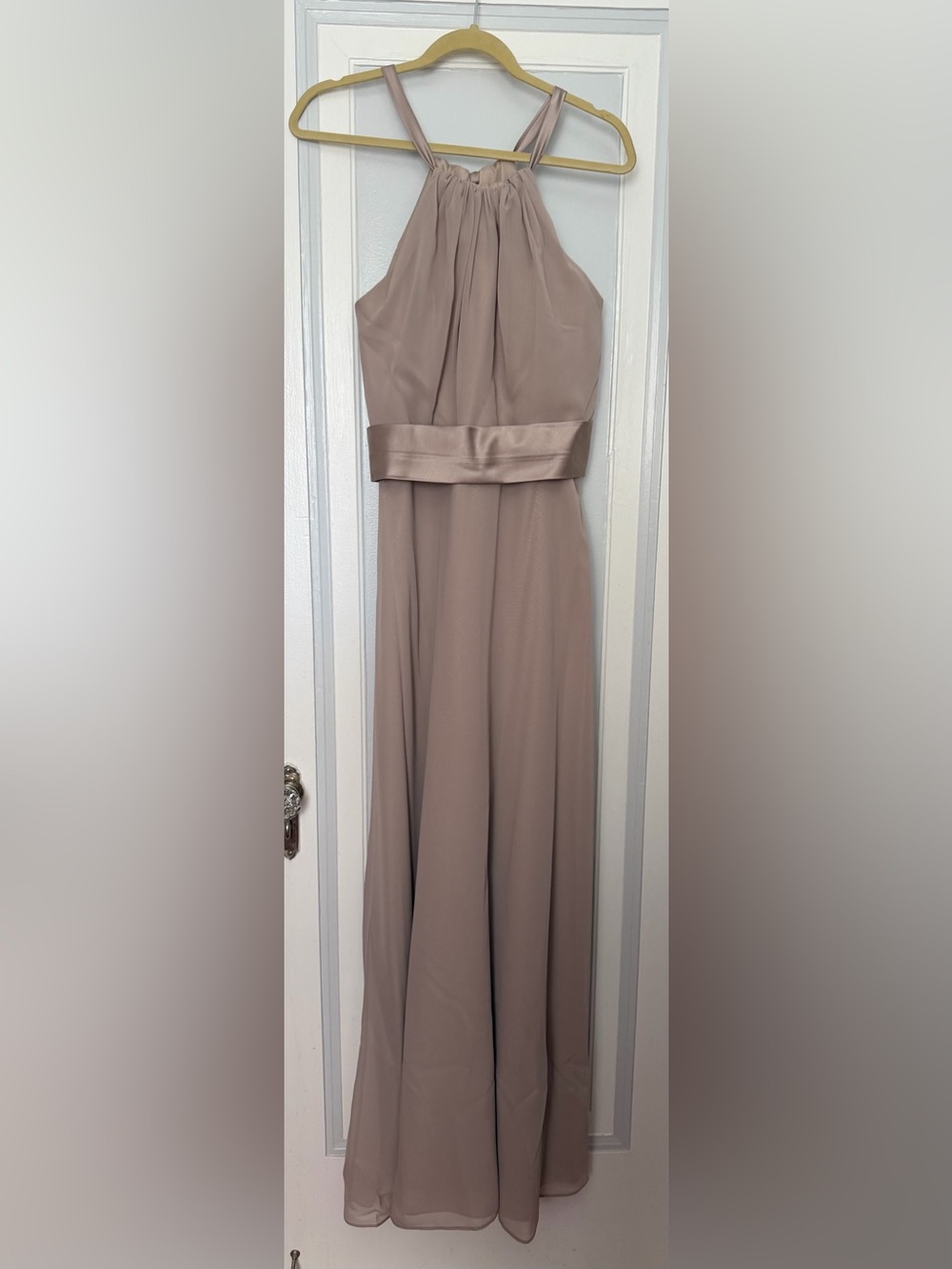 Christina Wu Taupe Halter Chiffon Dress with Satin Waist